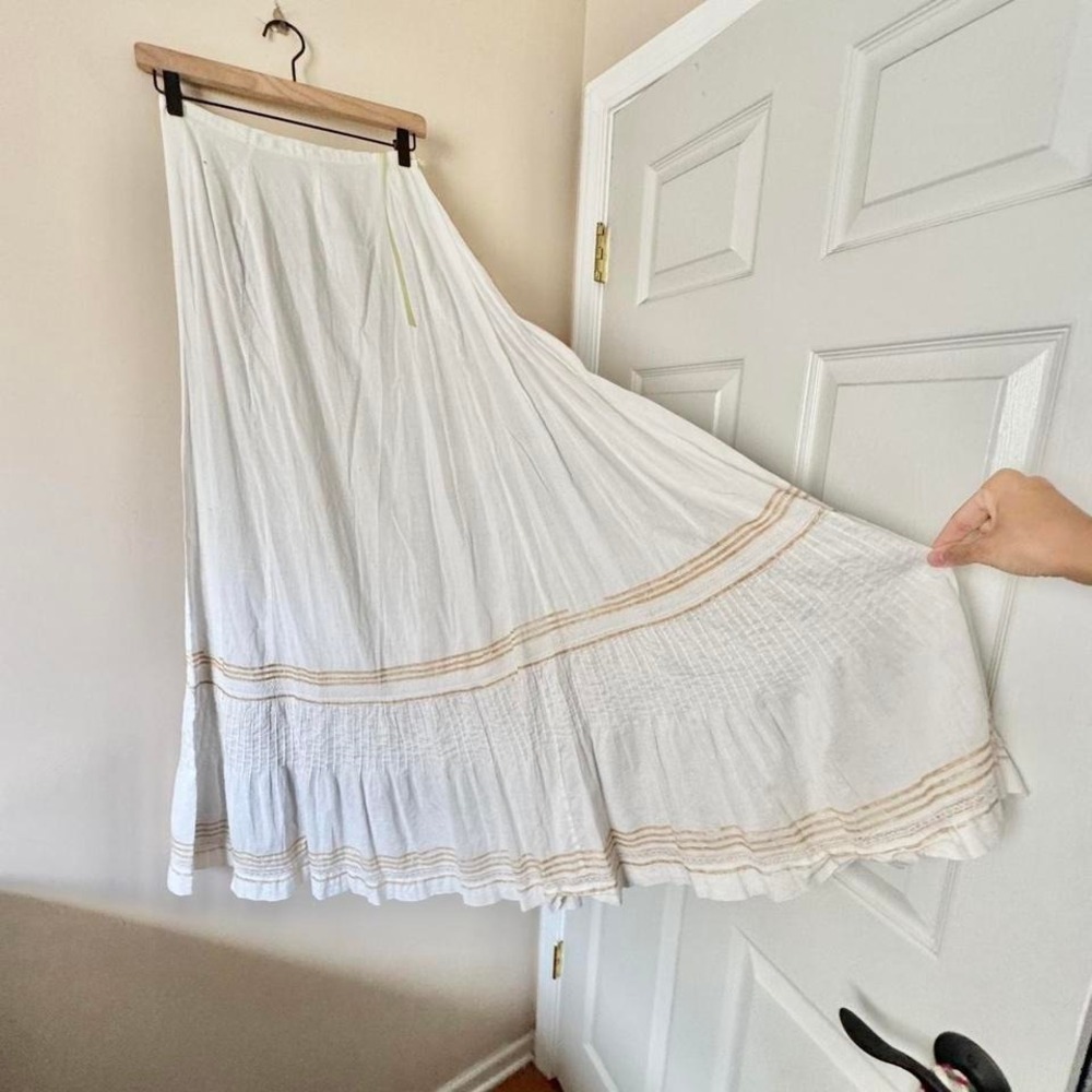 Antique Edwardian Lawn Skirt White Cotton Gold Silk Ribbon